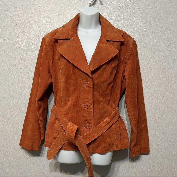 Vintage 90s Wilsons Leather Rust Orange Belted Suede Leather Jacket City Chic - Picture 4 of 8